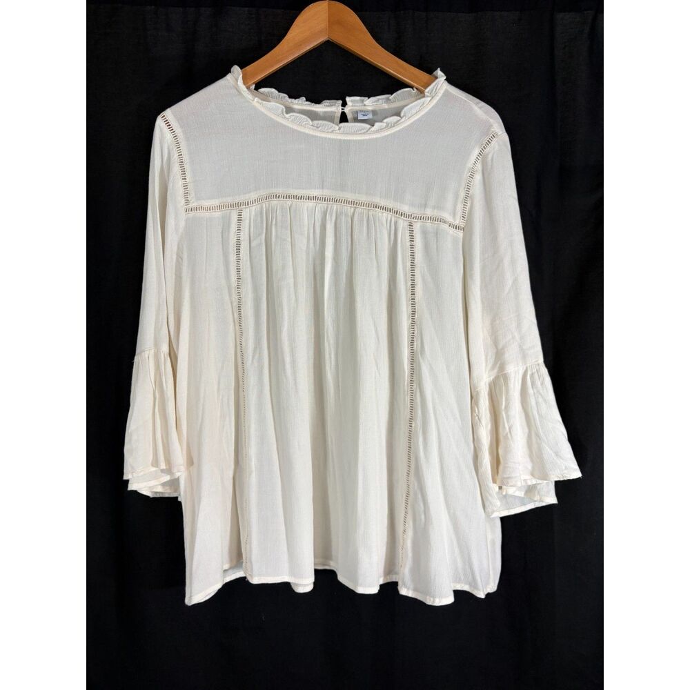 Old Navy Ivory Ruffle Blouse Women L Bell Sleeve Ladder Lace Boho Cottagecore